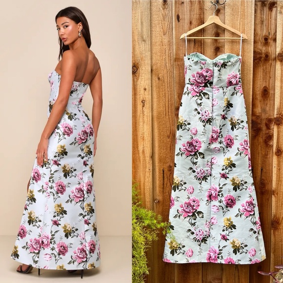 Light Sage Green and Pink Floral Jacquard Bustier Maxi Dress 🌿 - Picture 3 of 12